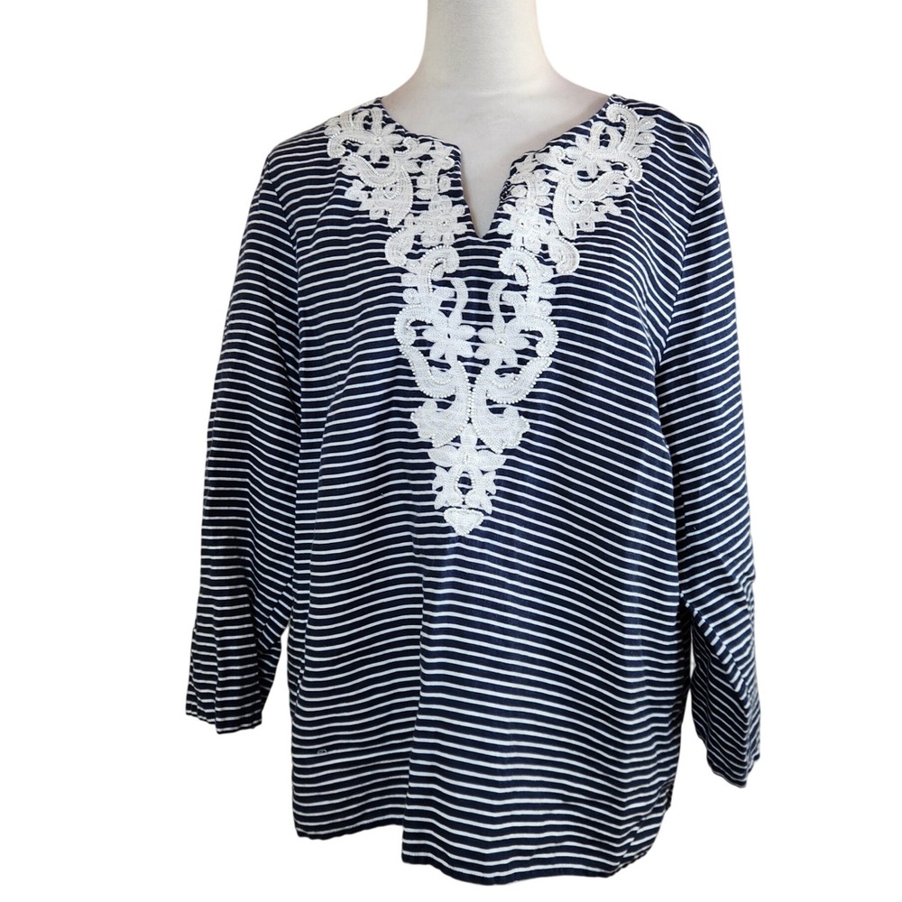 Talbots XL Blue White Striped 100% Linen Embroidered V-Neck Tunic Top Preppy